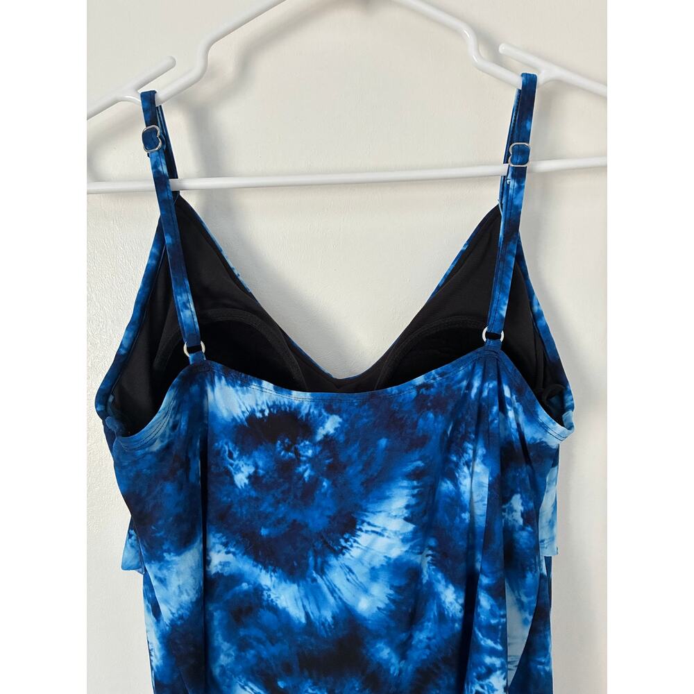 Aqua Green Blue Tie Dye Layered V-Neck Tankini Built In Shelf Bra Size L - Picture 7 of 11